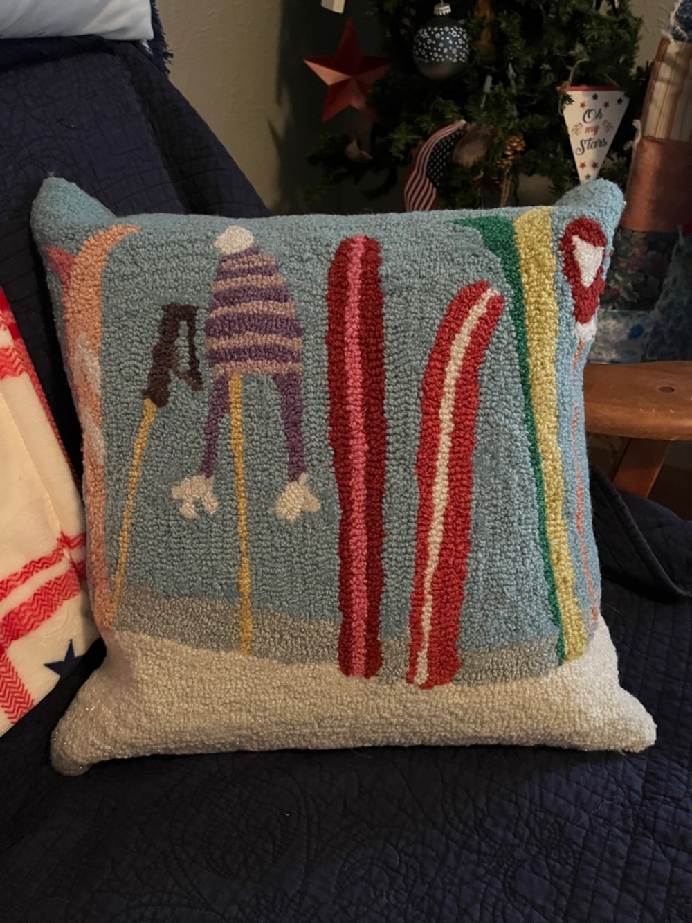 Holiday Ski Motif Hooked Pillow - Blue, Red, Green